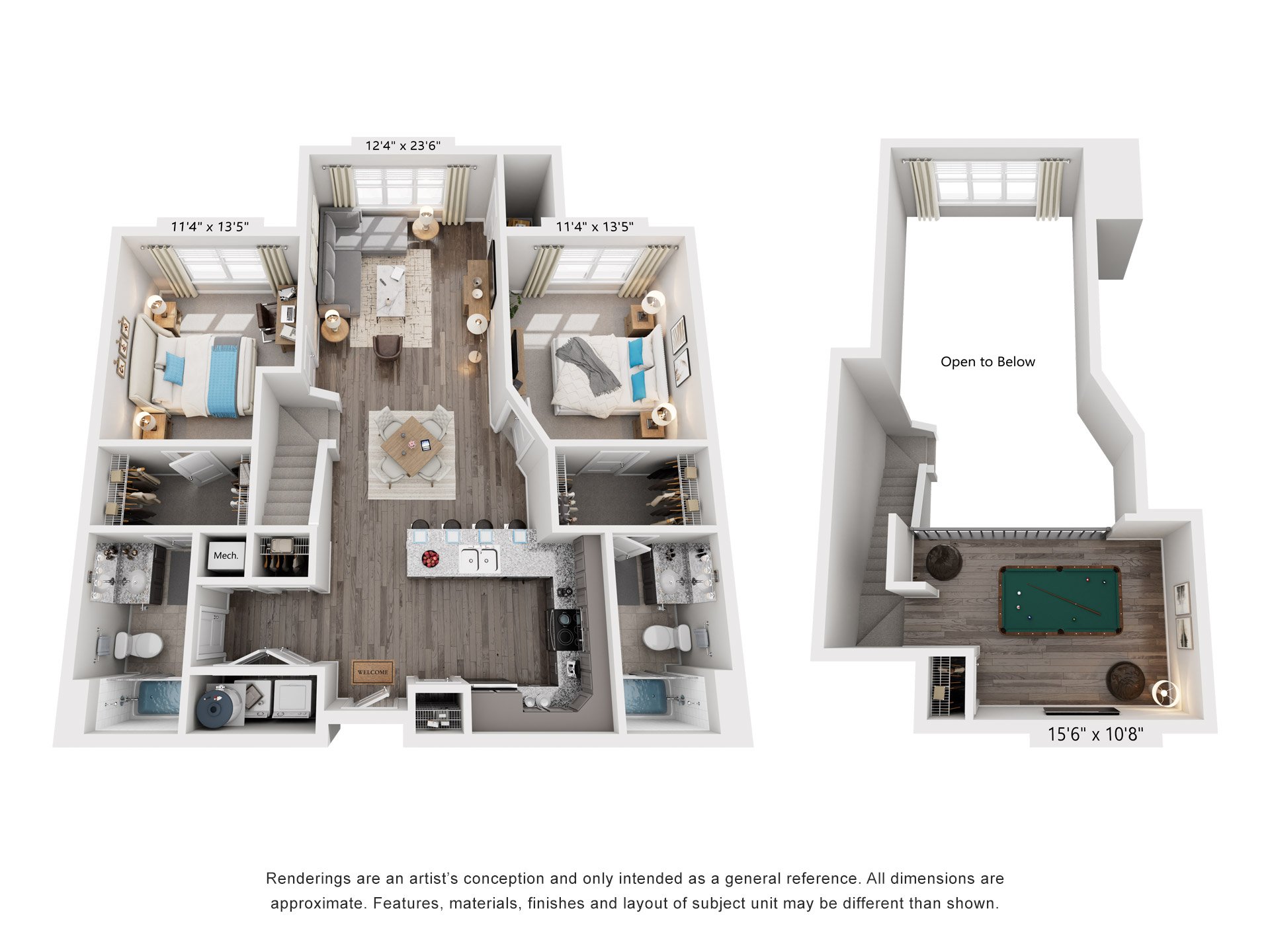 Floor plan for 2 beds, 2 baths, 1232 sqft